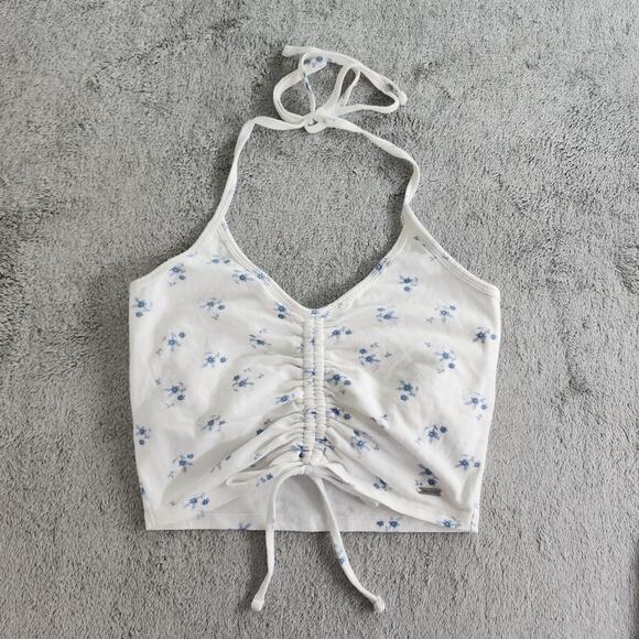 Hollister Top Women M Whit Blue Floral Tie Back Halter Ruched Crop Shelf Bra - Picture 11 of 12